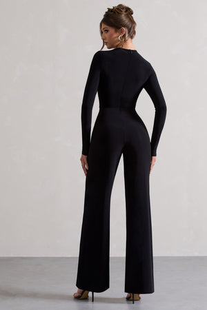 Yalina | Black Asymmetric Long Sleeve Wide-Leg Jumpsuit