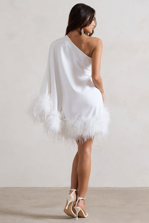 Epiphany | White Asymmetric Cape Sleeve Mini Dress With Feathers