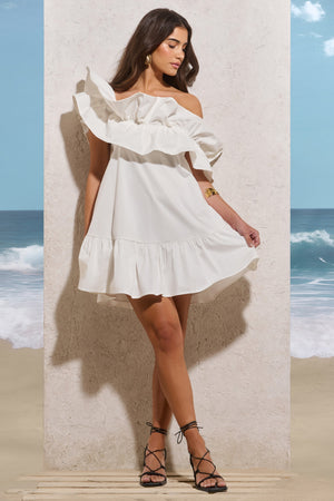 Saylor | White Poplin Asymmetric Ruffle Mini Dress