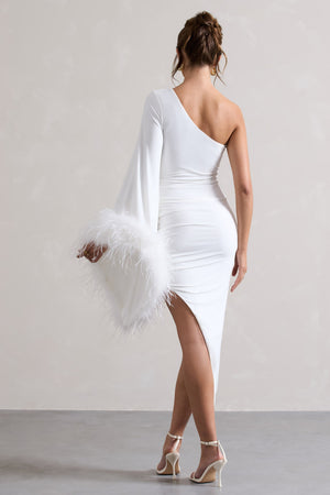 July | White Asymmetric Cape Sleeve Midi Dress With Feathers